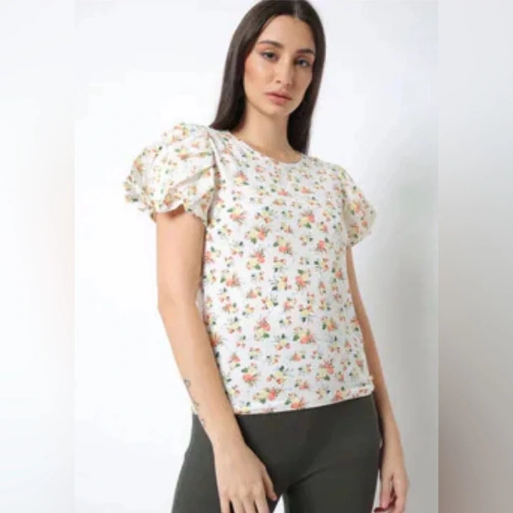 Zara Blouse Top Womens Size S White Floral Knit Puff Sleeve Crew Neck Pullover